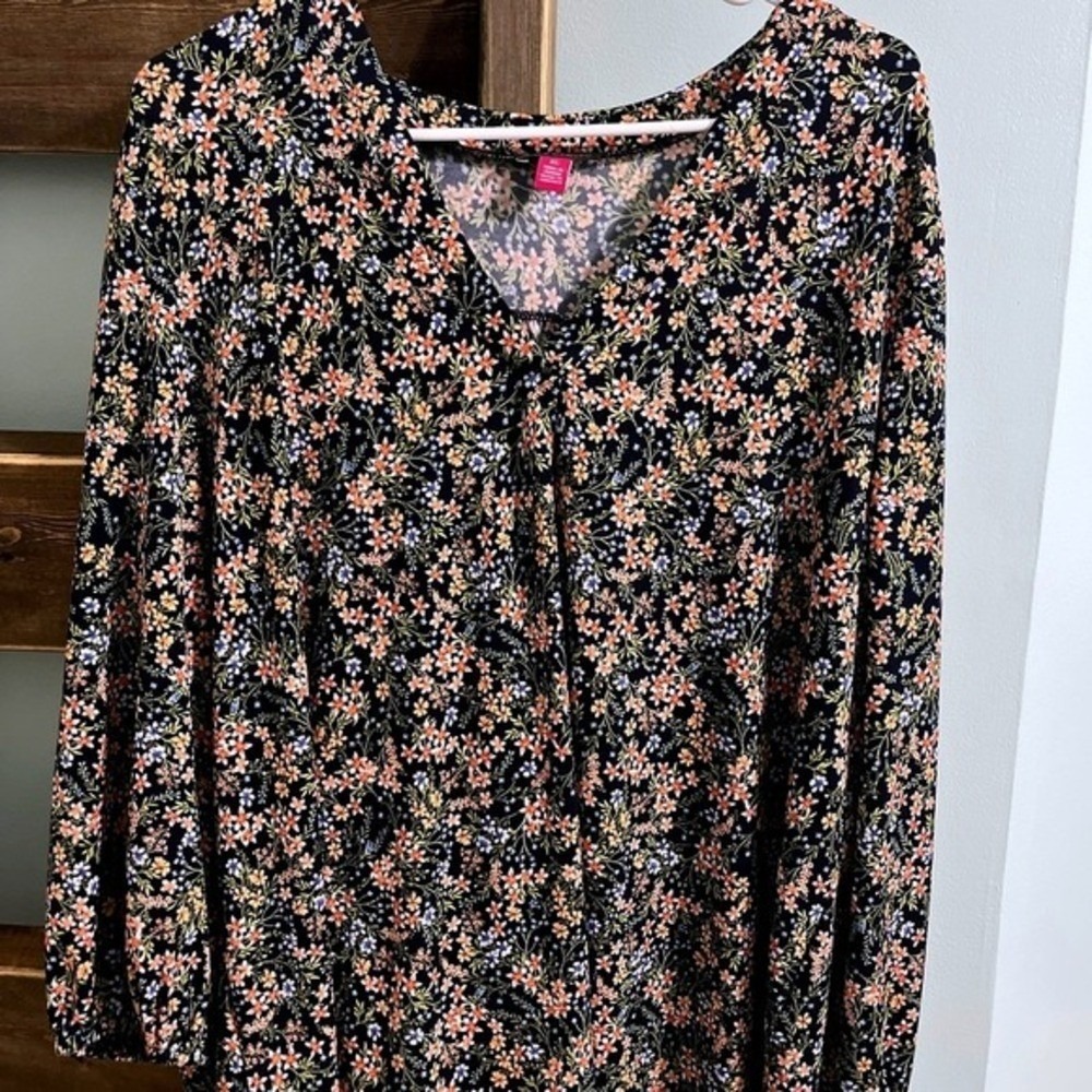 Vince Camuto Navy Floral V-Neck Long Sleeve Blouse XL Orange Yellow Print Shirt